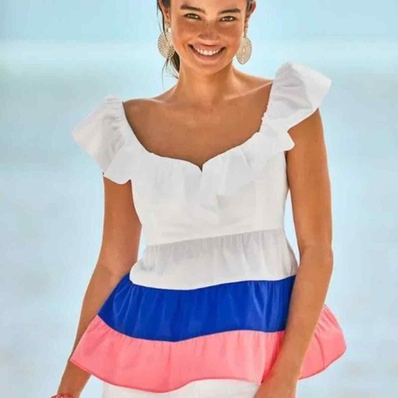 Lilly Pulitzer‎ NWT Emie Ruffle Top Colorblock Coastal Cap Sleeve Blouse- Size 4 - Picture 1 of 9